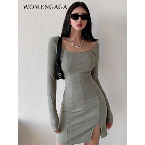 WOMENGAGA American Fashion Square Neck Split Mini Dress Autumn Winter Long Sleeve Sexy Tight Elastic Hip Dresses HSGF