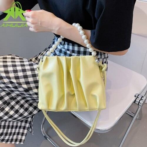 Fashion Women Pearl Chain Handbag High Quality PU Leather Pleated Shoulder Messenger Bags Female 2021 Solid Color Tote Purses