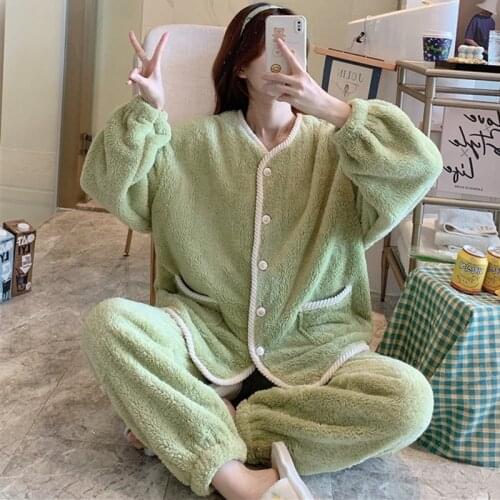 Fresh Korean Flannel Home Clothes Autumn Winter Pajamas For Women Buttons V Neck Thicken Coral Fleece Warm Ladies Pyjamas Suit