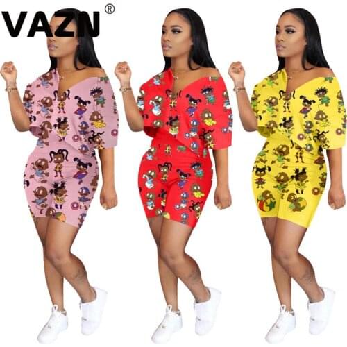 VAZN Clever casual 2020 summer sexy aldy 3 color scartoon print 2-piece set half sleeve V-neck tops shorts set lady fashion sets