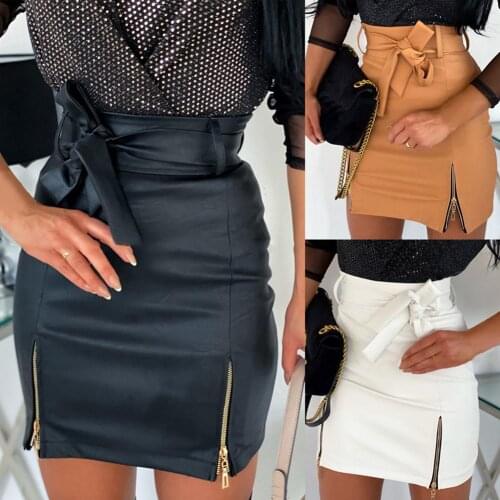 Women Fashion Solid Color High Waist Belt Faux Leather Bodycon Zips Mini Skirt dress Bodycon Zips Mini Skirt dress Skirt dress