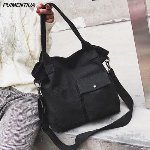 Puimentiua Women Bag Retro Handbags Soft Canvas Bag Large Capacity Women Shopping Bag Casual Hasp Ladies One Shoulder Tote Bags