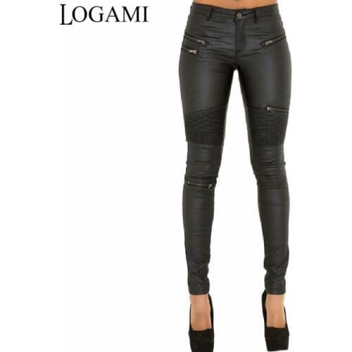 LOGAMI Faux Leather Pants Women Elastic Zipper Leather Pants Trousers 2018 Leren Broeken