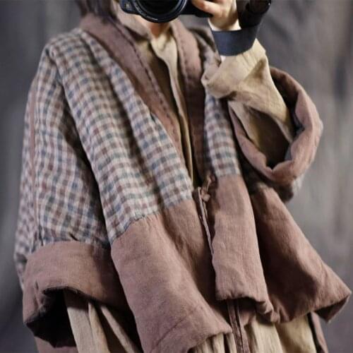 Johnature 2021 Autumn Winter New Retro Patchwork Plaid Thick Warm Lace Up Parkas Cotton Linen Comfortable Women Fashion Parkas