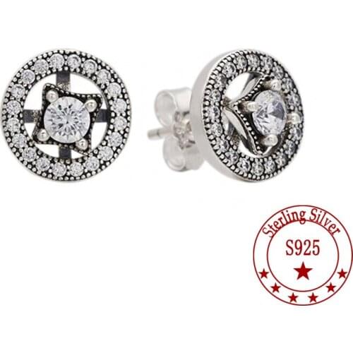 S925 Sterling Silver Retro Charm Diamond Stud Earrings Ladies Party Wedding Jewelry