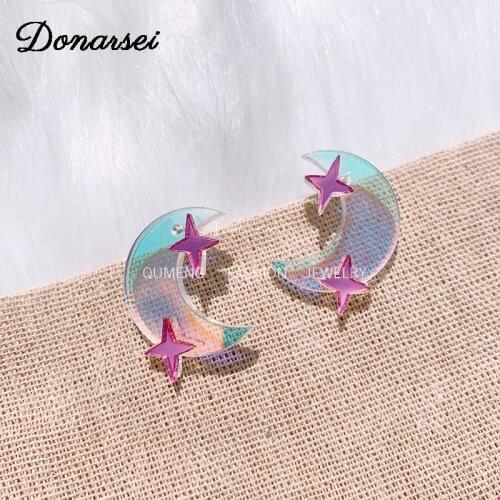 Donarsei Cute Moon Star Earrings For Women Elegant Laser Reflective Geometric Stud Earrings Jewelry Gift