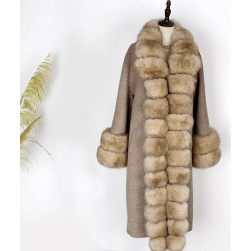 Women Autumn Winter 100% Natural Fox Fur Collar Cuffs Wool Coat Jacket Cashmere Wool Blends Outwear