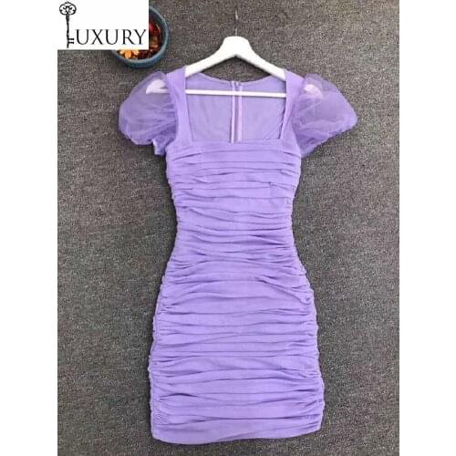 Style Bandage 2020 Autumn Ladies Square Collar Tulle Mesh Patchwork Short Sleeve Pleated Sexy Tight Dress Purple