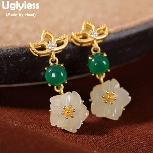 Uglyless Plated Gold Hollow Lotus Earrings for Women Natural Jade Plum Blossom Earrings 925 Silver Floral Brincos Jewelry E1340