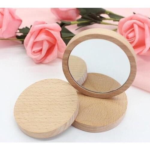 100pcs Wooden Small Round Mirror Portable Pocket HD Mirror Wood Mini Makeup Mirror