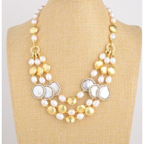 3 Rows Freshwater Cultured White Rice Pearl White Coin Pearl Necklace Lady Jewelry