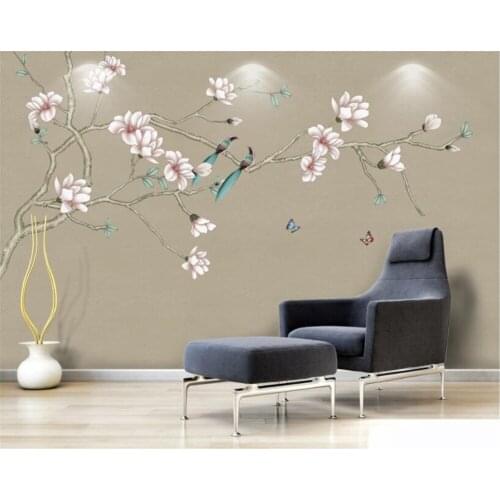 Beibehang Custom wall 3d wallpaper magnolia hand-painted pen flower bird background wall decorative painting mural 3d wallpaper