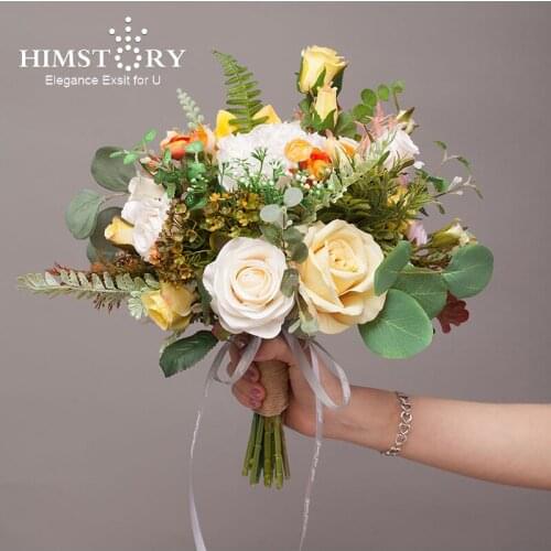 HIMSTORY Vintage Yellow Wedding Bouquet Rose Bride Holding Flower Artificial Peonies Bouquet Photography Ramos De Novia Rosas
