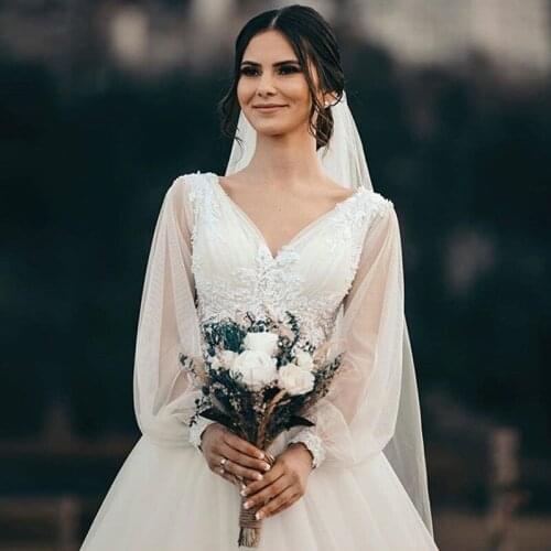 Bohemian Sheer Puffy Long Sleeve Wedding Dress V Neck Lace Appliques Illusion Back Tulle Bridal Gowns