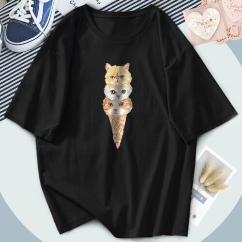 Short Sleeve Summer Cat Ice Cream T-shirts Women O-Neck Outdoor Harajuku T Shirts Black Casual Tops Tees Washable Poleras Female