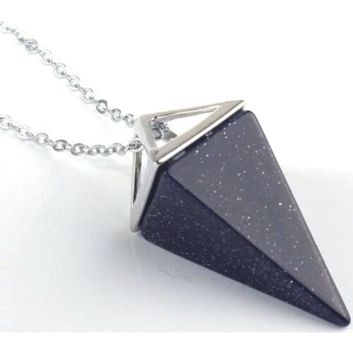 Blue Sand Stone Square Pyramid Silver Plated Pendant Popular Necklace Rock Crystal Jewelry