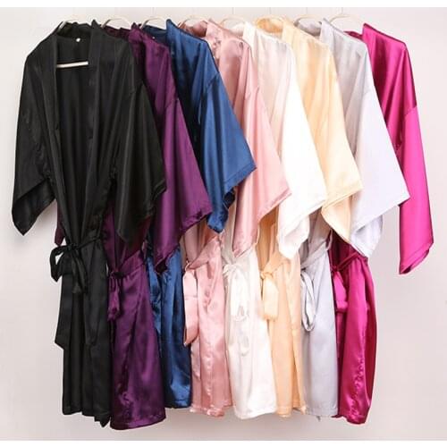 C&Fung plain Satin Robes hot pink champagne silver Kimono bathrobe Womens Simplicity Pajamas Wedding Party robes short S-XXL