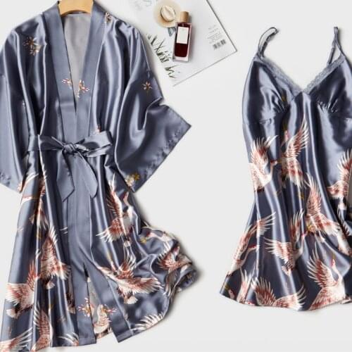Women Kimono Bathrobe Gown Sleepwear Print Crane Loose Nightwear Satin Sexy 2PCS Robe Set Intimate Lingerie 2021 New Nightgown