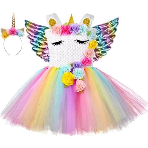 Princess Unicorn Costume for Girls Pastel Tulle Flower Baby Girl Tutu Dress Halloween Carnival Birthday Party Kids Unicorn Dress