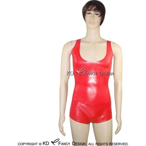 Red Sexy Sleeveless Latex Swimsuit High Cut Leg Without Zip Round Collar Body Suit Catsuit Rubber Bodysuit LTY-0013
