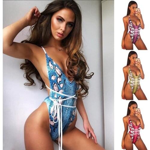 Plus Size Swimwear Women Sexy Print One Piece Swimsuit Halter Bodysuit Swimming Suit Open-Chest Bandage Cross Bathing Bikinis