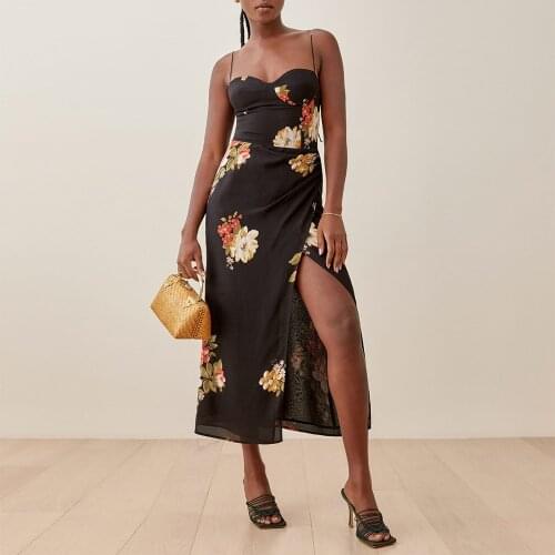Summer Clothes Dresses For Women 2021 Elegant Vintage Floral Chiffon Midi Dress Side Slit Tie Spaghetti Strap Sexy Party Dress