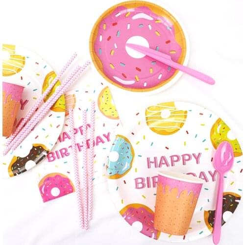 Donut Disposable Tableware Donut Wedding Party Tableware Kids Favors Birthday Party Decor Paper Plates Cups Baby Shower Supplies
