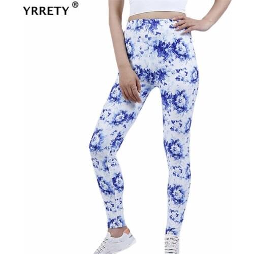 YRRETY Autumn New High Elastic Sports Fitness Legging Women White Blue Floral Pattern Gym Running Training Ankle-Length Pants