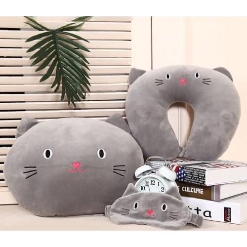Cute Cat Pattern Travel Pillow with Eye Mask Cartoon U Type Pillow Cotton Neck Care Flight Car Pillow Airplane Office Nap