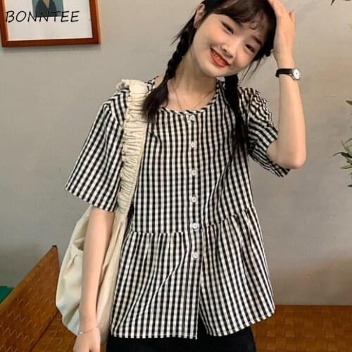 Shirts Women Plaid Summer Girls Lovely All-match Vintage Simple Classic Clothing Tops Design Korean Style Tender Harajuku Chic