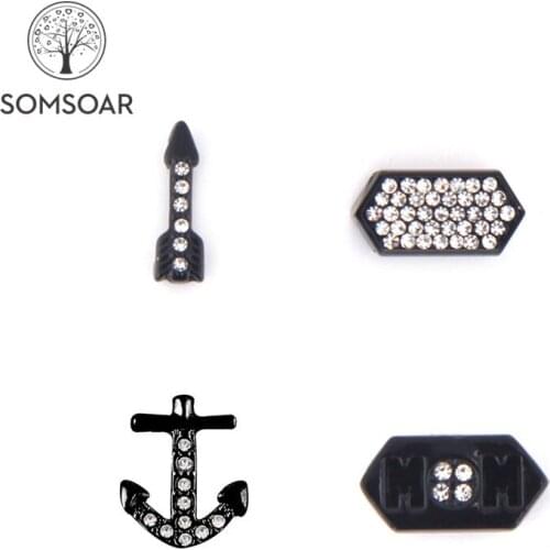 Somsoar Jewelry Black Crystal Slide Charms fit 10mm Wide Mesh Bracelet mixed arrows & anchor & Mom Crystal Charms 10pcs/lot