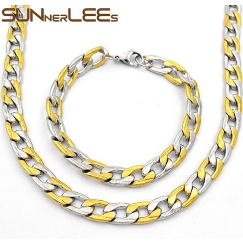SUNNERLEES Fashion Jewelry Stainless Steel Necklace Bracelet Set 9mm Curb Link Chain For Mens Womens Gift SC26 S