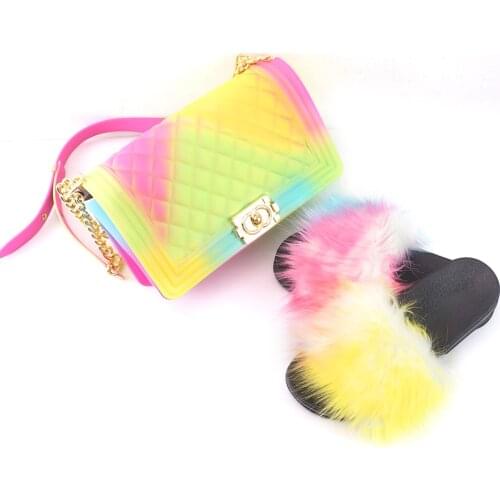 Fur Slippers Women Real Fox Fur Slides Home Furry Flat Sandals Female Cute Fluffy House Shoes Woman With Jelly Shoulder Bag