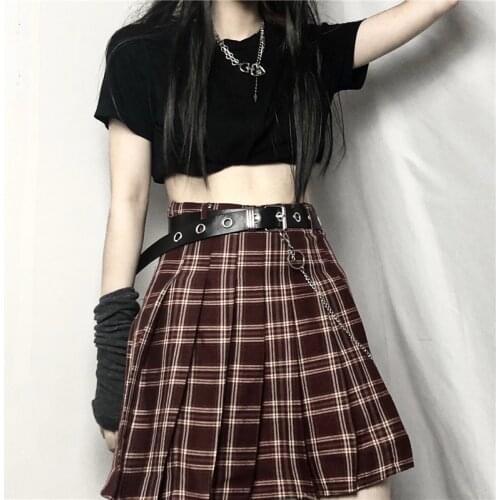 Dark Sweet Cool Girls Plaid Chain High Waist Pleated Skirt Womens Summer 2020 New Korean Skirt japanese fashion
