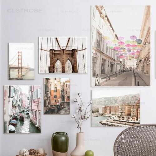 City Vintage Canvas Art Painting New York Brooklyn San Francisco Bridge Poster Landscape Print Wall Picture for Living Room