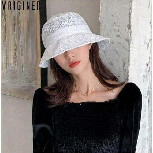 2020 New Fashion Lace Sun Hat Flat Top Flower Bucket Hats Light Weight Cap Black White Hat For Women Summer Dress Home Hat