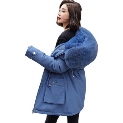 Ladies Velvet Liner Thicken Hooded Parka Women Slim With Big Fur Collar Outerwear Autumn Winter Jacket Women Coat Parkas Female