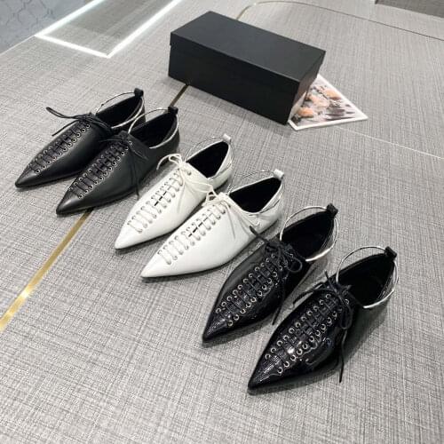 2021 New Casual Flats Pointed Toe Women Flats Concise Genuine Leather Lace-Up Women Shoes Metal Decor Shoes Woman Flats Woman