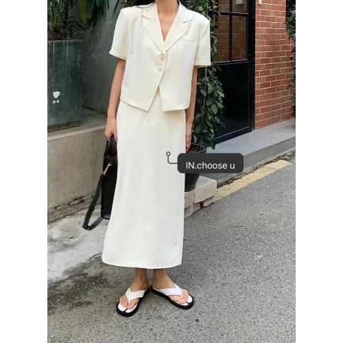 Bella 2021 New Summer Korean Fashion Blazer Suits Vintage Short Sleeve Blazers+Hight Waist Long Skirts 2 Pieces Sets Office Lady