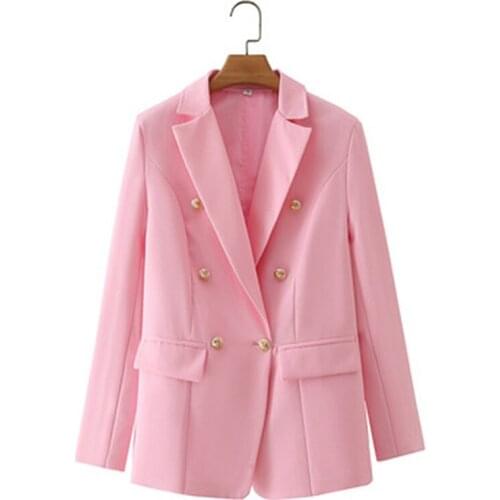 New Pink Blazer Women 2021 Slim Blazer Jacket Female Double Breasted Metal Lion Buttons Women Blazers and Jackets White