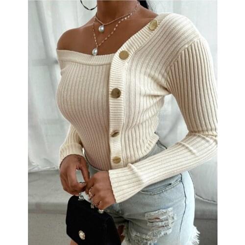 Autumn Winter Women Sexy Off Shoulder Knitted Sweater Button Solid Skinny Slim Fit Pullover And Sweater 2020 Jumpers