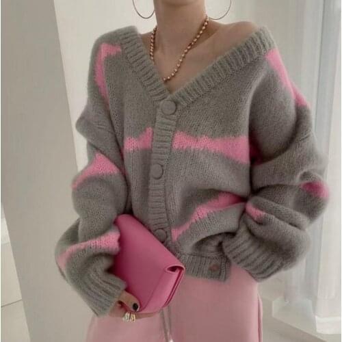 2021 Autumn Winter Stripe Knitted Sweaters Women Korean V Neck Thick Print Cardigan Coat Loose Lazy Button Outwear Tops