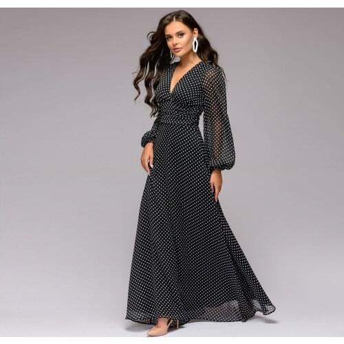 Boho chic polka dot dress sukienka Women v neck long sleeve high waist chiffon summer maxi dress frocks Vintage black long dress