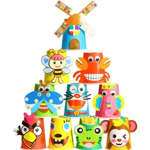 12pcs/Set Kids 3D Animals DIY Handmade Paper Cups Stickers Material Kit Children Kindergarten School Art Craft Educational Toys