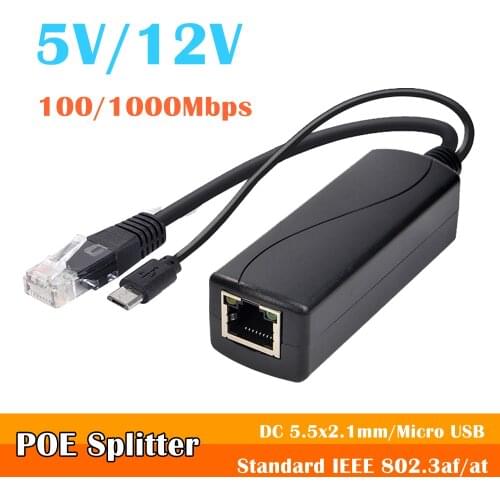 48V to 5V POE Splitter output 12V Micro USB Type-c for Non POE IP cameras and wireless AP IEEE802.3af/at 100/1000mbps