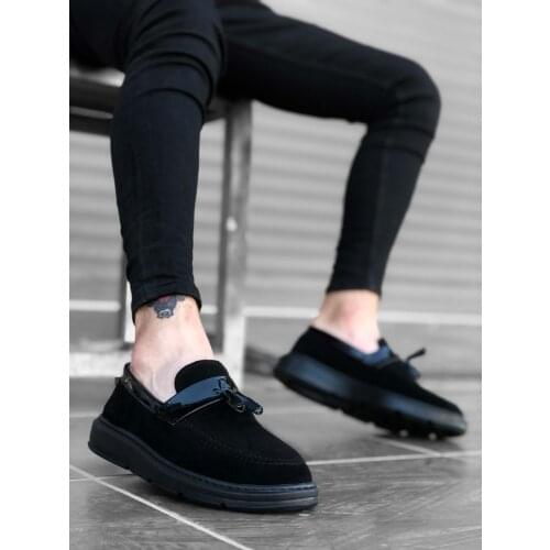 BA0005 Step-in High Sole Classic Black Suede Shiny Belted Tassels Men Shoes