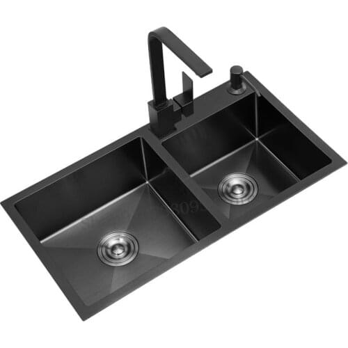 Black Nano Kitchen Double Trough Sink 304 Stainless Steel Integrated Forming Hand Washing Basin Cabinet Dishwashing Table
