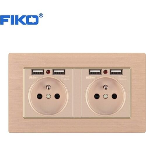 FIKO 2gang EU FR standard with USB , Champagne gold Aluminium Alloy Panel family socket EU family Wall Power standard 146*86mm