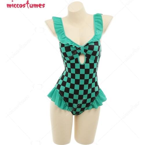 Kimetsu no Yaiba Tanjiro Kamado Ruffled Grid One-Piece Zentai Bodysuit Swimming Suit Bathing Suit Beach Swimsuit Outfit Costume