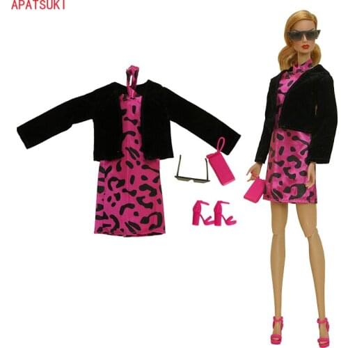 Pink Leopard Fashion Doll Clothes Set for Barbie Outfits 1/6 Dolls Accessories For Barbie Doll Dress Coat Shoes Bag Purse Toys